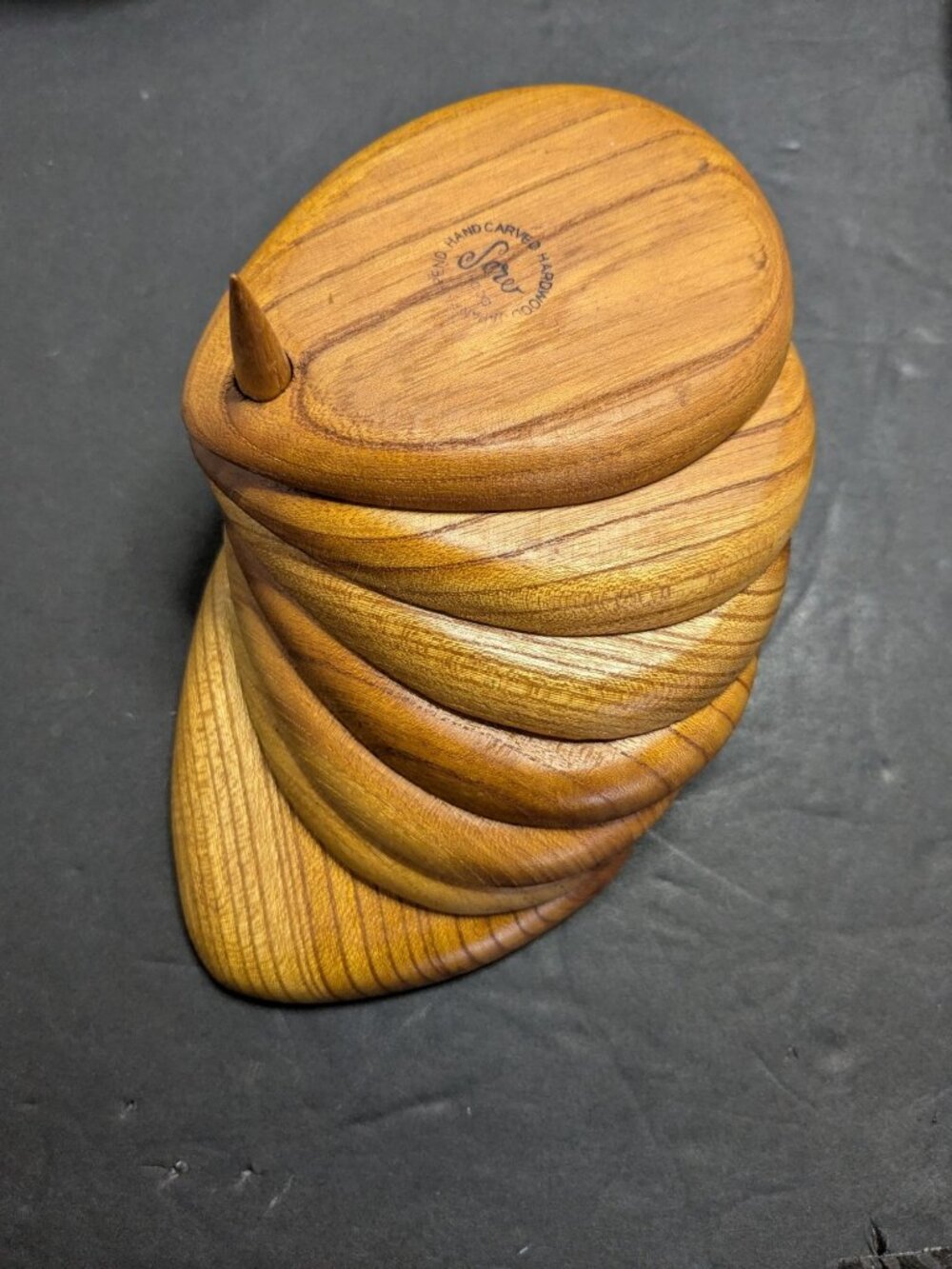Vtg. Mid Century 7 Pcs Serve Hand Carved Hardwood Teardrop Coasters Cork & Holde